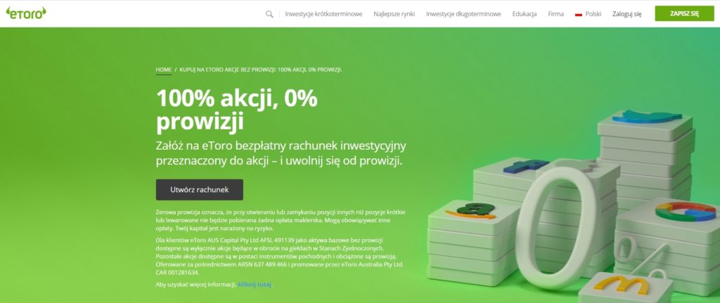 Główna strona aplikacji eToro