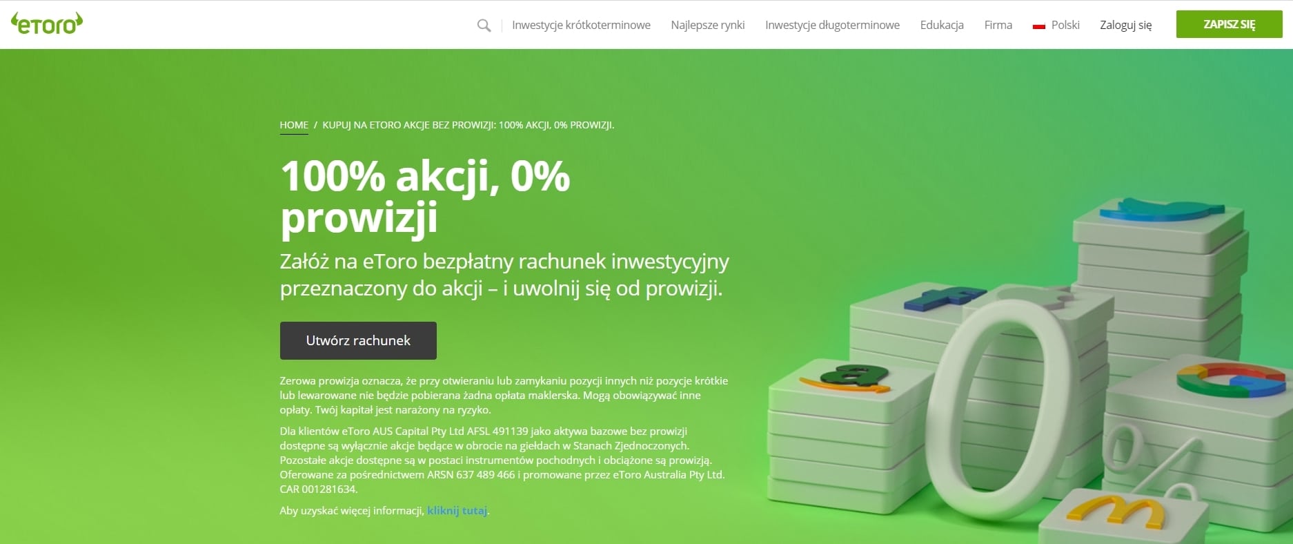 Główna strona aplikacji eToro