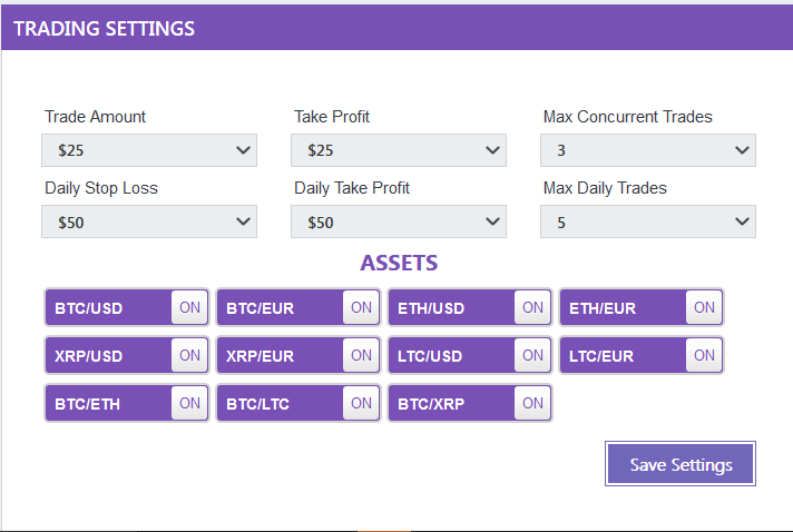 Bitcoin Trader widok ustawień handlu