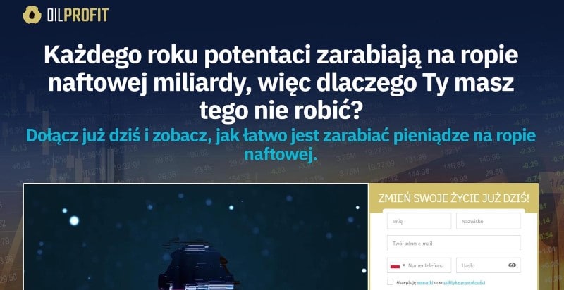 Strona główna aplikacji tradingowej Oil Profit