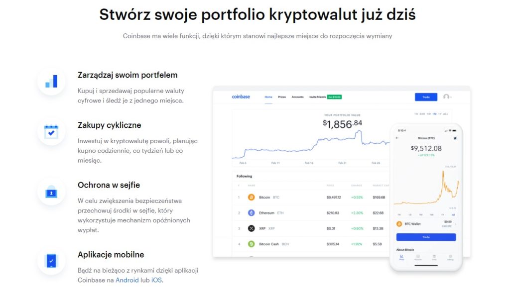 Giełda Coinbase jest dostępna również w wersji mobilnej funkcjonalności giełdy kryptowalut